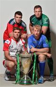 1 October 2013; At the launch of the 2013/14 European Rugby Cup, clockwise from front left, Ulster captain Johann Muller, Munster captain Peter O'Mahony, Connacht captain Michael Swift and Leinster captain Leo Cullen. Rugby launch, Dublin. Picture credit: Barry Cregg / SPORTSFILE