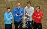 1 October 2013; Ahead of the FAI Ford Cup semi-finals between Dundalk and Drogheda United and Sligo Rovers and Shamrock Rovers this weekend, from left, Darren Meenan, Dundalk, Alan Byrne, Drogheda United, Jason McGuinness, Shamrock Rovers and Danny Ventre, Sligo Rovers. Ford have called on Irish football fans to vote for their Greatest Ever FAI Cup Final at facebook.com/fordireland. All supporters who vote will automatically be entered into a draw for fuel vouchers and a HD3D TV. List of Top 10 Greatest Finals; 2010, Sligo Rovers 0 Shamrock Rovers 0 (2-0 on penalties), 2008 Bohemians 2 Derry City 2 (4-2 on penalties), 2006 Derry City 4 St Patrick's Athletic 3, 1996 Shelbourne 2 St Patrick's Athletic 1, 1990 Bray Wanderers 3 St Francis 0, 1984 UCD 2 Shamrock Rovers 1, 1983 Sligo Rovers 2 Bohemians 1, 1972 Cork Hibernians 3 Waterford 0, 1956 Shamrock Rovers 3 Cork Athletic 2, 1935 Bohemians 4 Dundalk 3. Ely Place, Dublin. Picture credit: Brendan Moran / SPORTSFILE