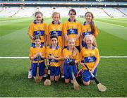 28 September 2013; The Clare camogie team, back row, left to right, Patricia Lawlor, Killinure NS, Mountrath, Co. Laois, Mary Enright, Clonmoney NS, Newmarket-on-Fergus, Co. Clare, Eileen Daly, Feakle NS, Feakle, Co. Clare, Mollie Somers, St. Patrick's NS, Arklow, Co. Wicklow, front row, left to right, Cliona Arthur, Primate Dixon PS, Coalisland, Co. Tyrone, Niamh Niland, Killeeneen NS, Killeeneen, Craughwell, Co. Galway, Emily Mullins, Laurel Hill FCJ, South Circular Road, Limerick, Eve Somers, St. Mary's College, Arklow, Co. Wicklow. INTO/RESPECT Exhibition GoGames during the GAA Hurling All-Ireland Senior Championship Final Replay between Cork and Clare, Croke Park, Dublin. Picture credit: Daire Brennan / SPORTSFILE