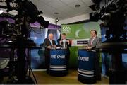 3 October 2013; Martin Skelly, right, Chairman of the Leinster Council, in the company of Michael Delaney, CEO of the Leinster Council, pulls out the name Offaly while making the draw for the GAA Leinster Senior Football Championship with RTE presenter Marty Morrissey, during the 2014 GAA Senior Provincial Championship Draw. Croke Park, Dublin. Picture credit: Matt Browne / SPORTSFILE