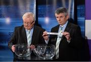 3 October 2013; Martin Skelly, right, Chairman of the Leinster Council, in the company of Michael Delaney, CEO of the Leinster Council, pulls out the name Kilkenny while making the draw for the GAA Leinster Senior Football Championship, during the 2014 GAA Senior Provincial Championship Draw. Croke Park, Dublin. Picture credit: Matt Browne / SPORTSFILE