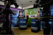 3 October 2013; Simon Moroney, CEO of the Munster Council, in the company of Robert Frost, right, Chairman of the Munster Council, pulls out the name of Cork while making the draw for the GAA Munster Senior Football Championship with RTE presenter Marty Morrissey, during the 2014 GAA Senior Provincial Championship Draw. Croke Park, Dublin. Picture credit: Matt Browne / SPORTSFILE