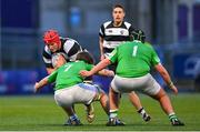 12 February 2025; Joe Finn of Cistercian College, Roscrea is tackled by Gonzaga College players Borja Salto-Galdon, left, and Jamie Sheil during the Bank of Ireland Leinster Rugby Boys Schools Senior Cup second round match between Cistercian College Roscrea and Gonzaga College at Energia Park in Dublin. Photo by Shauna Clinton/Sportsfile