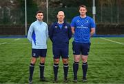12 February 2025; Match officials, from left, assistant referee Kenny Goldrick, referee Cillian Hogan and assistant referee Ciarán O'Flynn before the Bank of Ireland Leinster Rugby Boys Schools Senior Cup second round match between Cistercian College Roscrea and Gonzaga College at Energia Park in Dublin. Photo by Shauna Clinton/Sportsfile