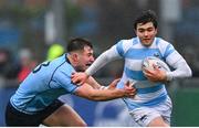 14 February 2025; Paddy Clancy of Blackrock College is tackled by Charlie McConnell of St Michael's College during the Bank of Ireland Leinster Rugby Boys Schools Senior Cup second round match between Blackrock College and St Michael's College at Energia Park in Dublin. Photo by Shauna Clinton/Sportsfile