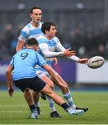 14 February 2025; Paddy Clancy of Blackrock College makes a pass despite pressure from Luke Kilmurray of St Michael's College during the Bank of Ireland Leinster Rugby Boys Schools Senior Cup second round match between Blackrock College and St Michael's College at Energia Park in Dublin. Photo by Shauna Clinton/Sportsfile