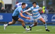 14 February 2025; Paddy Clancy of Blackrock College in action against Dan Ryan of St Michael's College during the Bank of Ireland Leinster Rugby Boys Schools Senior Cup second round match between Blackrock College and St Michael's College at Energia Park in Dublin. Photo by Shauna Clinton/Sportsfile