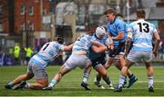 14 February 2025; Owen Twomey of St Michael's College is tackled by Rhys Keogh of Blackrock College during the Bank of Ireland Leinster Rugby Boys Schools Senior Cup second round match between Blackrock College and St Michael's College at Energia Park in Dublin. Photo by Shauna Clinton/Sportsfile