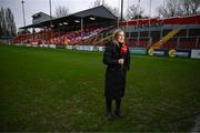 14 February 2025; Virgin Media Sport's Ann-Marie Keegan before the SSE Airtricity Men's Premier Division match between Shelbourne and Derry City at Tolka Park in Dublin. Photo by Stephen McCarthy/Sportsfile