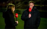 14 February 2025; Virgin Media Sport analyst Eoin Doyle, right, and presenter Ann-Marie Keegan before the SSE Airtricity Men's Premier Division match between Shelbourne and Derry City at Tolka Park in Dublin. Photo by Stephen McCarthy/Sportsfile