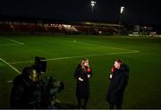 14 February 2025; Virgin Media Sport analyst Eoin Doyle, right, and presenter Ann-Marie Keegan before the SSE Airtricity Men's Premier Division match between Shelbourne and Derry City at Tolka Park in Dublin. Photo by Stephen McCarthy/Sportsfile