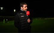 14 February 2025; Derry City manager Tiernan Lynch is interviewed for Virgin Media Sport before the SSE Airtricity Men's Premier Division match between Shelbourne and Derry City at Tolka Park in Dublin. Photo by Stephen McCarthy/Sportsfile
