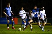 14 February 2025; Mark Imiren of Wexford is tackled by Ronan Finn of UCD during the SSE Airtricity Men's First Division match between UCD and Wexford at UCD Bowl in Belfield, Dublin. Photo by Tyler Miller/Sportsfile