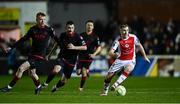 14 February 2025; Brandon Kavanagh of St Patrick's Athletic in action against Shane Farrell of Drogheda United, left, during the SSE Airtricity Men's Premier Division match between St Patrick's Athletic and Drogheda United at Richmond Park in Dublin. Photo by Seb Daly/Sportsfile