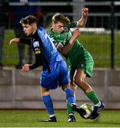 14 February 2025; Ronan Teahan of Kerry is tackled by Anthony Dodd of Finn Harps during the SSE Airtricity Men's First Division match between Kerry FC and Finn Harps at Mounthawk Park in Tralee, Kerry. Photo by Brendan Moran/Sportsfile