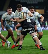 14 February 2025; Diarmuid Mangan of Leinster is tackled by Harri Deaves of Ospreys during the United Rugby Championship match between Ospreys and Leinster at Swansea.com Stadium in Swansea, Wales. Photo by Chris Fairweather/Sportsfile