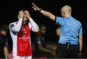 14 February 2025; Jamie Lennon of St Patrick's Athletic reacts as referee Neil Doyle awards a corner against his side during the SSE Airtricity Men's Premier Division match between St Patrick's Athletic and Drogheda United at Richmond Park in Dublin. Photo by Seb Daly/Sportsfile
