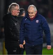 14 February 2025; Galway United manager John Caulfield and assistant manager Ollie Horgan during the SSE Airtricity Men's Premier Division match between Cork City and Galway United at Turner's Cross in Cork. Photo by David Fitzgerald/Sportsfile