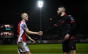 14 February 2025; Jamie Lennon of St Patrick's Athletic and Conor Keeley of Drogheda United after the SSE Airtricity Men's Premier Division match between St Patrick's Athletic and Drogheda United at Richmond Park in Dublin. Photo by Seb Daly/Sportsfile