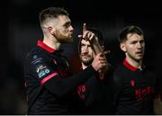 14 February 2025; Conor Keeley of Drogheda United, left, is restrained by teammate Ryan Brennan after the SSE Airtricity Men's Premier Division match between St Patrick's Athletic and Drogheda United at Richmond Park in Dublin. Photo by Seb Daly/Sportsfile