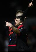 14 February 2025; Conor Keeley of Drogheda United, behind, is restrained by teammate Ryan Brennan after the SSE Airtricity Men's Premier Division match between St Patrick's Athletic and Drogheda United at Richmond Park in Dublin. Photo by Seb Daly/Sportsfile
