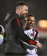14 February 2025; Keith Ward of Dundalk, right, celebrates with Dundalk manager Ciaran Kilduff after thier victory in the SSE Airtricity Men's First Division match between Dundalk and Athlone Town at Oriel Park in Dundalk, Louth. Photo by Ben McShane/Sportsfile