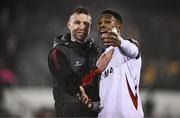 14 February 2025; Dundalk manager Ciaran Kilduff, left, celebrates with Mayowa Animasahun of Dundalk after their side's victory in the SSE Airtricity Men's First Division match between Dundalk and Athlone Town at Oriel Park in Dundalk, Louth. Photo by Ben McShane/Sportsfile