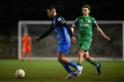 14 February 2025; Michael Place of Finn Harps in action against Ronan Teahan of Kerry during the SSE Airtricity Men's First Division match between Kerry FC and Finn Harps at Mounthawk Park in Tralee, Kerry. Photo by Brendan Moran/Sportsfile