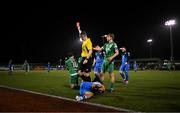 14 February 2025; Referee Oliver Moran shows a red card to Joe Adams of Kerry after a tackle on Michael Place of Finn Harps  during the SSE Airtricity Men's First Division match between Kerry FC and Finn Harps at Mounthawk Park in Tralee, Kerry. Photo by Brendan Moran/Sportsfile