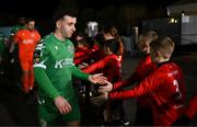 14 February 2025; Kerry FC captain Sean McGrath greets the mascots from Ferry Rangers in Tarbert, Kerry, before the SSE Airtricity Men's First Division match between Kerry FC and Finn Harps at Mounthawk Park in Tralee, Kerry. Photo by Brendan Moran/Sportsfile