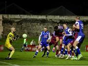 14 February 2025; Cian Coleman of Cobh Ramblers heads to score his sides first goal during the SSE Airtricity Men's First Division match between Treaty United and Cobh Ramblers at Markets Field in Limerick. Photo by Michael P Ryan/Sportsfile
