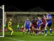 14 February 2025; Cian Coleman of Cobh Ramblers heads to score his sides first goal during the SSE Airtricity Men's First Division match between Treaty United and Cobh Ramblers at Markets Field in Limerick. Photo by Michael P Ryan/Sportsfile