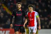 14 February 2025; Conor Keeley of Drogheda United and Joe Redmond of St Patrick's Athletic during the SSE Airtricity Men's Premier Division match between St Patrick's Athletic and Drogheda United at Richmond Park in Dublin. Photo by Shauna Clinton/Sportsfile