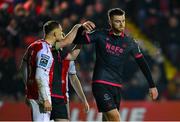 14 February 2025; Conor Keeley of Drogheda United and Jamie Lennon of St Patrick's Athletic during the SSE Airtricity Men's Premier Division match between St Patrick's Athletic and Drogheda United at Richmond Park in Dublin. Photo by Shauna Clinton/Sportsfile