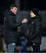 14 February 2025; Drogheda United manager Kevin Doherty, left, speaks to fourth official Jason Moore before the SSE Airtricity Men's Premier Division match between St Patrick's Athletic and Drogheda United at Richmond Park in Dublin. Photo by Shauna Clinton/Sportsfile