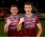 14 February 2025; Cobh Ramblers players, from left, Jason Abbot, and Cian Bargary celebrate after their side's victory in the SSE Airtricity Men's First Division match between Treaty United and Cobh Ramblers at Markets Field in Limerick. Photo by Michael P Ryan/Sportsfile