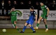 14 February 2025; Tony McNamee of Finn Harps in action against Sean McGrath, left, and Nathan Gleeson of Kerry during the SSE Airtricity Men's First Division match between Kerry FC and Finn Harps at Mounthawk Park in Tralee, Kerry. Photo by Brendan Moran/Sportsfile