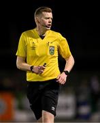 14 February 2025; Referee Oliver Moran during the SSE Airtricity Men's First Division match between Kerry FC and Finn Harps at Mounthawk Park in Tralee, Kerry. Photo by Brendan Moran/Sportsfile