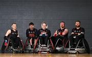 15 February 2025; The Ulster Barbarians team, from left, Shaun Smyth, Chris Meneilly, Deirdre Mongan, Ciaran Bradley and Conor Connolly during the Irish Wheelchair Rugby League Round 4 at the IWA Gym & Sports Hall in Clontarf, Dublin. The Irish Wheelchair Rugby League heated up with the fourth round taking place at IWA-Sport. Cork’s Rebel Wheelers Multi-Sport Club faced Laois Lions WRC in the opening fixture, before the Lions took on Ulster Barbarians. The round closed out with Barbarians going up against league leaders, Rebels. Photo by Sam Barnes/Sportsfile