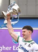 15 February 2025; UL captain Colin Coughlan lifts the cup after his side's victory in the Electric Ireland Higher Education GAA Fitzgibbon Cup final match between DCU Dóchas Éireann and University of Limerick at the GAA Connacht Centre of Excellence in Bekan, Mayo. Photo by Piaras Ó Mídheach/Sportsfile