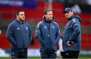 15 February 2025; Munster coaches, from left, provincial talent coach Seán Cronin, attack coach Mike Prendergast, and defence coach Denis Leamy before the United Rugby Championship match between Munster and Scarlets at Thomond Park in Limerick. Photo by Seb Daly/Sportsfile
