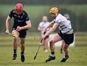 15 February 2025; Cian Boran of DCU DÉ in action against Michael Corcoran of UL during the Electric Ireland Higher Education GAA Fitzgibbon Cup final match between DCU Dóchas Éireann and University of Limerick at the GAA Connacht Centre of Excellence in Bekan, Mayo. Photo by Piaras Ó Mídheach/Sportsfile