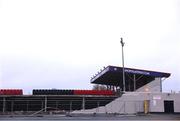 15 February 2025; A general view of the damage to the stand from Storm Éowyn before the SSE Airtricity Men's First Division match between Longford Town and Bray Wanderers at Bishopsgate in Longford. Photo by Michael P Ryan/Sportsfile