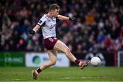 15 February 2025; Dylan McHugh of Galway scores his side's first goal during the Allianz Football League Division 1 match between Derry and Galway at Celtic Park in Derry. Photo by Ramsey Cardy/Sportsfile