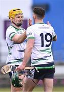 15 February 2025; UL players Cathal O'Neill, left, and Diarmuid Hannify after their side's victory in the Electric Ireland Higher Education GAA Fitzgibbon Cup final match between DCU Dóchas Éireann and University of Limerick at the GAA Connacht Centre of Excellence in Bekan, Mayo. Photo by Piaras Ó Mídheach/Sportsfile