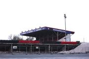 15 February 2025; A general view of the damage to the stand from Storm Éowyn before the SSE Airtricity Men's First Division match between Longford Town and Bray Wanderers at Bishopsgate in Longford. Photo by Michael P Ryan/Sportsfile