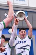 15 February 2025; UL captain Colin Coughlan lifts the cup after his side's victory in the Electric Ireland Higher Education GAA Fitzgibbon Cup final match between DCU Dóchas Éireann and University of Limerick at the GAA Connacht Centre of Excellence in Bekan, Mayo. Photo by Piaras Ó Mídheach/Sportsfile