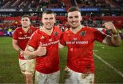 15 February 2025; Munster players, from left, Alex Kendellen, Tom Farrell and Shane Daly celebrate after the United Rugby Championship match between Munster and Scarlets at Thomond Park in Limerick. Photo by David Fitzgerald/Sportsfile