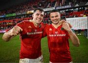 15 February 2025; Brian Gleeson of Munster, left, and Shay McCarthy celebrate after the United Rugby Championship match between Munster and Scarlets at Thomond Park in Limerick. Photo by David Fitzgerald/Sportsfile