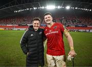15 February 2025; Billy Burns, left, and Fineen Wycherley of Munster celebrate after the United Rugby Championship match between Munster and Scarlets at Thomond Park in Limerick. Photo by David Fitzgerald/Sportsfile